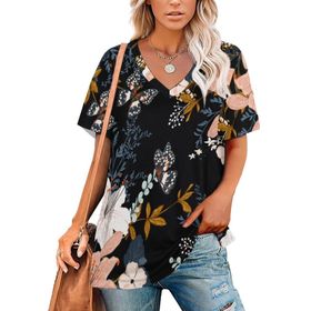 AILLOSA YH-17 Tamamı Baskılı V Yaka Kısa Kollu Kadın T-Shirt