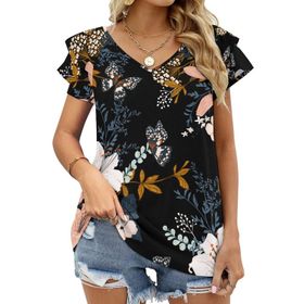 AILLOSA YH-17 V Yakalı Fırfırlı Baskılı Kısa Kollu Kadın T-shirt