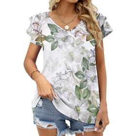AILLOSA YH-170 V Yakalı Fırfırlı Baskılı Kısa Kollu Kadın T-shirt