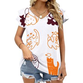AILLOSA YH-172 V Yakalı Fırfırlı Baskılı Kısa Kollu Kadın T-shirt