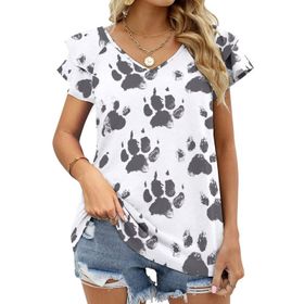 AILLOSA YH-173 V Yakalı Fırfırlı Baskılı Kısa Kollu Kadın T-shirt