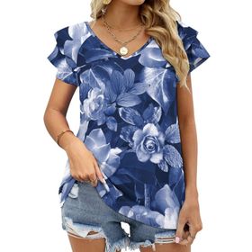 AILLOSA YH-174 V Yakalı Fırfırlı Baskılı Kısa Kollu Kadın T-shirt