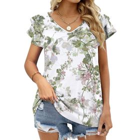 AILLOSA YH-175 V Yakalı Fırfırlı Baskılı Kısa Kollu Kadın T-shirt
