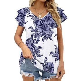 AILLOSA YH-177 V Yakalı Fırfırlı Baskılı Kısa Kollu Kadın T-shirt