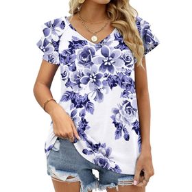 AILLOSA YH-178 V Yakalı Fırfırlı Baskılı Kısa Kollu Kadın T-shirt