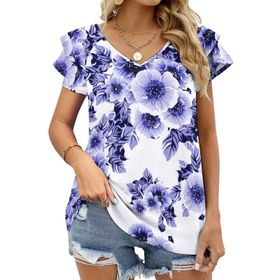 AILLOSA YH-179 V Yakalı Fırfırlı Baskılı Kısa Kollu Kadın T-shirt