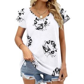 AILLOSA YH-181 V Yakalı Fırfırlı Baskılı Kısa Kollu Kadın T-shirt