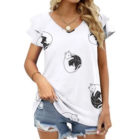 AILLOSA YH-183 V Yakalı Fırfırlı Baskılı Kısa Kollu Kadın T-shirt