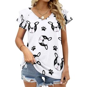 AILLOSA YH-184 V Yakalı Fırfırlı Baskılı Kısa Kollu Kadın T-shirt