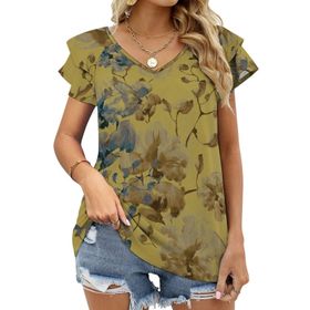 AILLOSA YH-185 V Yakalı Fırfırlı Baskılı Kısa Kollu Kadın T-shirt