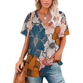 AILLOSA YH-191 Tamamı Baskılı V Yaka Kısa Kollu Kadın T-Shirt