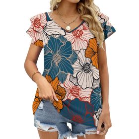 AILLOSA YH-191 V Yakalı Fırfırlı Baskılı Kısa Kollu Kadın T-shirt