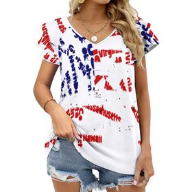 AILLOSA YH-192 V Yakalı Fırfırlı Baskılı Kısa Kollu Kadın T-shirt