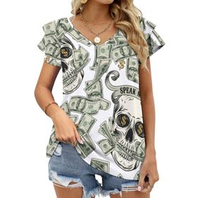 AILLOSA YH-196 V Yakalı Fırfırlı Baskılı Kısa Kollu Kadın T-shirt