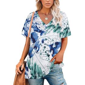 AILLOSA YH-198 Tamamı Baskılı V Yaka Kısa Kollu Kadın T-shirt