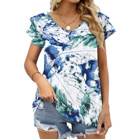 AILLOSA YH-198 V Yakalı Fırfırlı Baskılı Kısa Kollu Kadın T-shirt