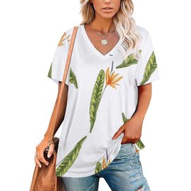 AILLOSA YH-199 Tamamı Baskılı V Yaka Kısa Kollu Kadın T-shirt