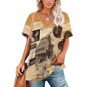 AILLOSA YH-2 Tamamı Baskılı V Yaka Kısa Kollu Kadın T-shirt