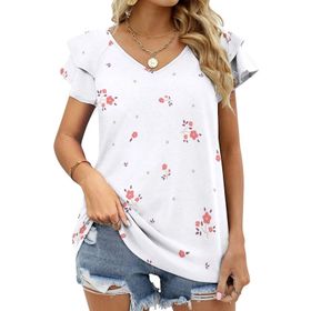 AILLOSA YH-201 V Yakalı Fırfırlı Baskılı Kısa Kollu Kadın T-shirt