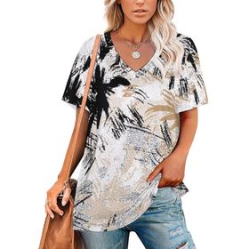 AILLOSA YH-206 Tamamı Baskılı V Yaka Kısa Kollu Kadın T-shirt