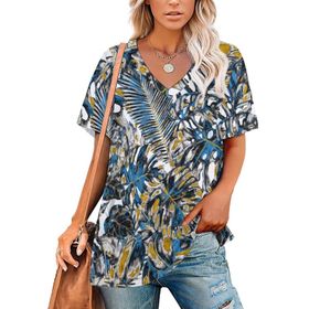 AILLOSA YH-207 Tamamı Baskılı V Yaka Kısa Kollu Kadın T-shirt