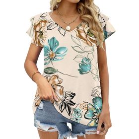 AILLOSA YH-21 V Yakalı Fırfırlı Baskılı Kısa Kollu Kadın T-shirt