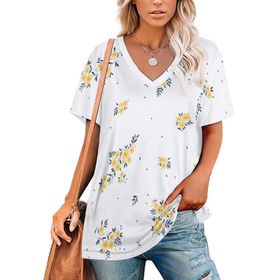 AILLOSA YH-210 Tamamı Baskılı V Yaka Kısa Kollu Kadın T-shirt