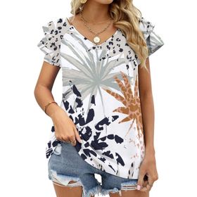 AILLOSA YH-212 V Yakalı Fırfırlı Baskılı Kısa Kollu Kadın T-shirt
