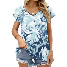 AILLOSA YH-214 V Yakalı Fırfırlı Baskılı Kısa Kollu Kadın T-shirt
