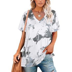 AILLOSA YH-215 Tamamı Baskılı V Yaka Kısa Kollu Kadın T-shirt