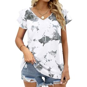 AILLOSA YH-215 V Yakalı Fırfırlı Baskılı Kısa Kollu Kadın T-shirt