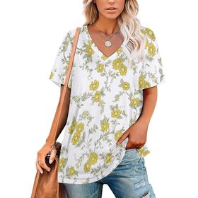 AILLOSA YH-217 Tamamı Baskılı V Yaka Kısa Kollu Kadın T-shirt