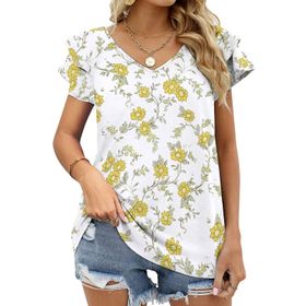 AILLOSA YH-217 V Yakalı Fırfırlı Baskılı Kısa Kollu Kadın T-shirt