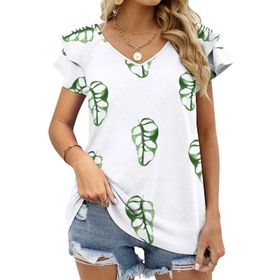 AILLOSA YH-218 V Yakalı Fırfırlı Baskılı Kısa Kollu Kadın T-shirt