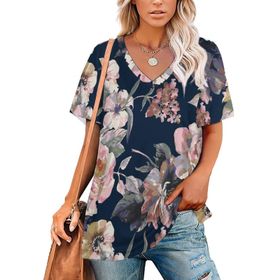 AILLOSA YH-22 Tamamı Baskılı V Yaka Kısa Kollu Kadın T-Shirt