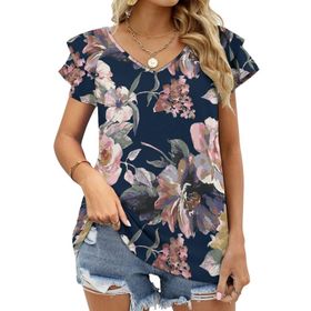 AILLOSA YH-22 V Yakalı Fırfırlı Baskılı Kısa Kollu Kadın T-shirt