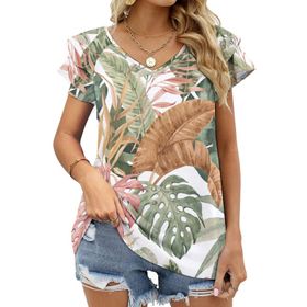 AILLOSA YH-221 V Yakalı Fırfırlı Baskılı Kısa Kollu Kadın T-shirt
