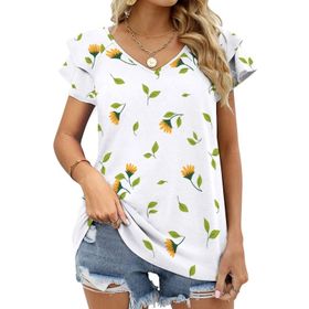 AILLOSA YH-223 V Yakalı Fırfırlı Baskılı Kısa Kollu Kadın T-shirt
