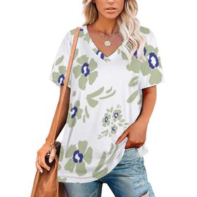 AILLOSA YH-224 Tamamı Baskılı V Yaka Kısa Kollu Kadın T-shirt
