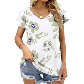 AILLOSA YH-224 V Yakalı Fırfırlı Baskılı Kısa Kollu Kadın T-shirt