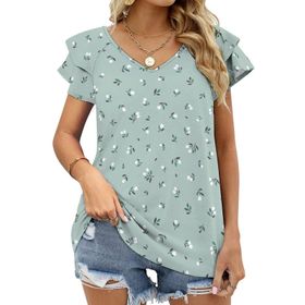AILLOSA YH-225 V Yakalı Fırfırlı Baskılı Kısa Kollu Kadın T-shirt