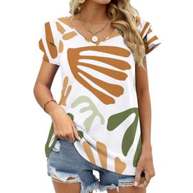 AILLOSA YH-226 V Yakalı Fırfırlı Baskılı Kısa Kollu Kadın T-shirt
