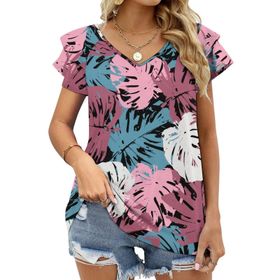AILLOSA YH-227 V Yakalı Fırfırlı Baskılı Kısa Kollu Kadın T-shirt