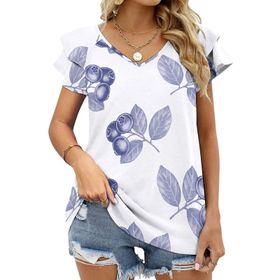 AILLOSA YH-229 V Yakalı Fırfırlı Baskılı Kısa Kollu Kadın T-shirt