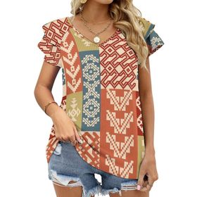 AILLOSA YH-230 V Yakalı Fırfırlı Baskılı Kısa Kollu Kadın T-shirt