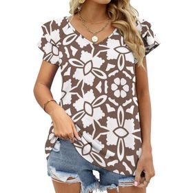 AILLOSA YH-231 V Yakalı Fırfırlı Baskılı Kısa Kollu Kadın T-shirt