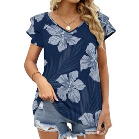 AILLOSA YH-232 V Yakalı Fırfırlı Baskılı Kısa Kollu Kadın T-shirt