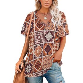 AILLOSA YH-233 Tamamı Baskılı V Yaka Kısa Kollu Kadın T-shirt