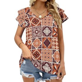 AILLOSA YH-233 V Yakalı Fırfırlı Baskılı Kısa Kollu Kadın T-shirt