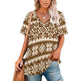 AILLOSA YH-234 Tamamı Baskılı V Yaka Kısa Kollu Kadın T-shirt